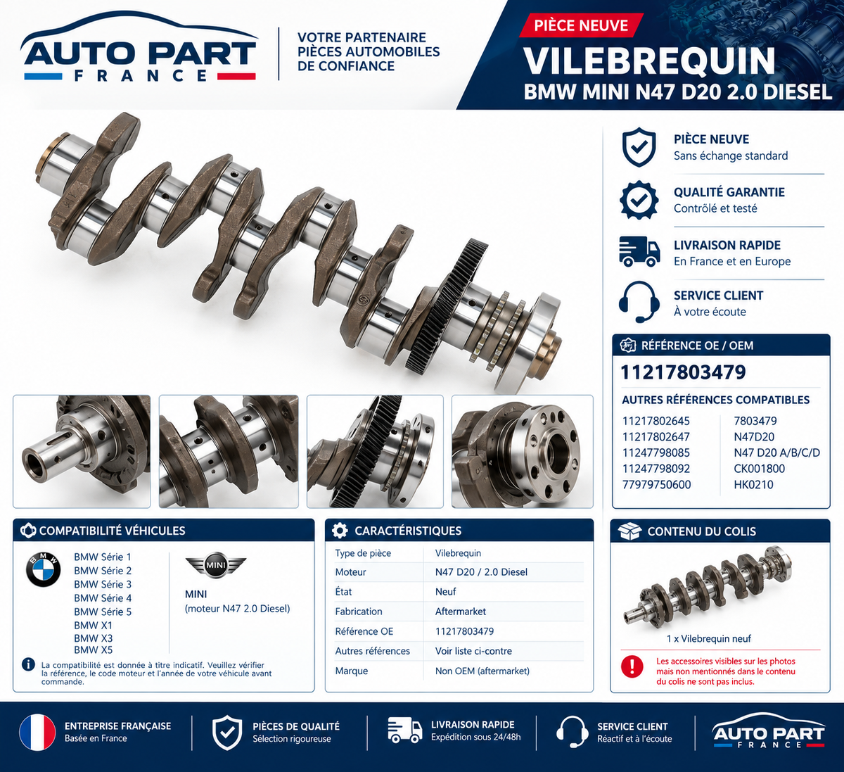 Vilebrequin BMW N47D20 2.0 Diesel Coussinets Bielles Paliers 11217803479